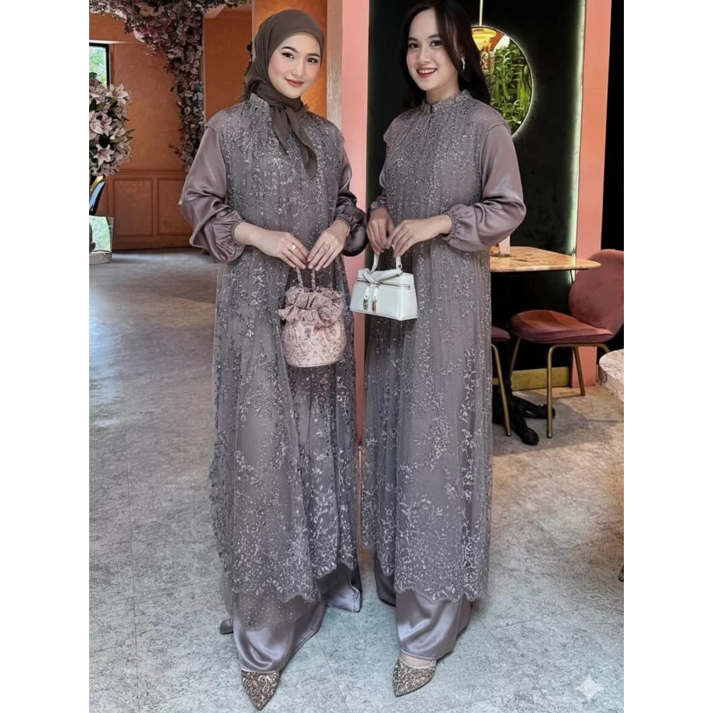 Renata Dress Velvet Tile Outer 2in1 Gamis Lebaran Sultan Model Mewah Warna Burgandy Mahogany Terbaru