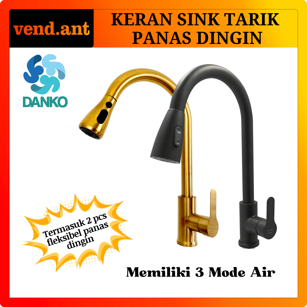 DANKO  Keran Kran Wastafel Cuci Piring Dapur Meja Sink Tarik Panas Dingin Hitam Black Gold Emas