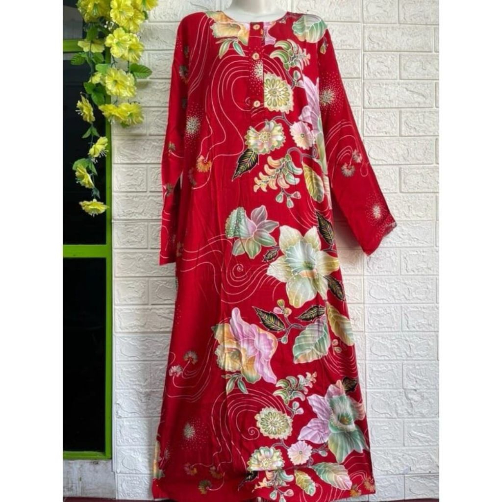 LONGDRESS BATIK KENCANA UNGU LENGAN 7/8 ASLI DASTER BATIK KENCANA UNGU TERBARU LEBEL BIRU LD 120 CM 