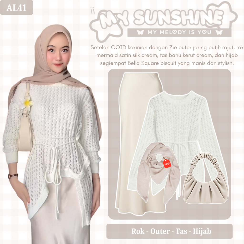 Outfit Remaja Kekinian | Blouse, Rok, Tas, Hijab Bella Square |  Setelan Wanita Ke Kondangan | AL41