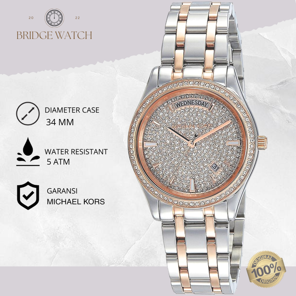 Jam Tangan Michael Kors Wanita MK6482 Wanita Two Tone Silver Rosegold Stainless Steel Strap Rantai M