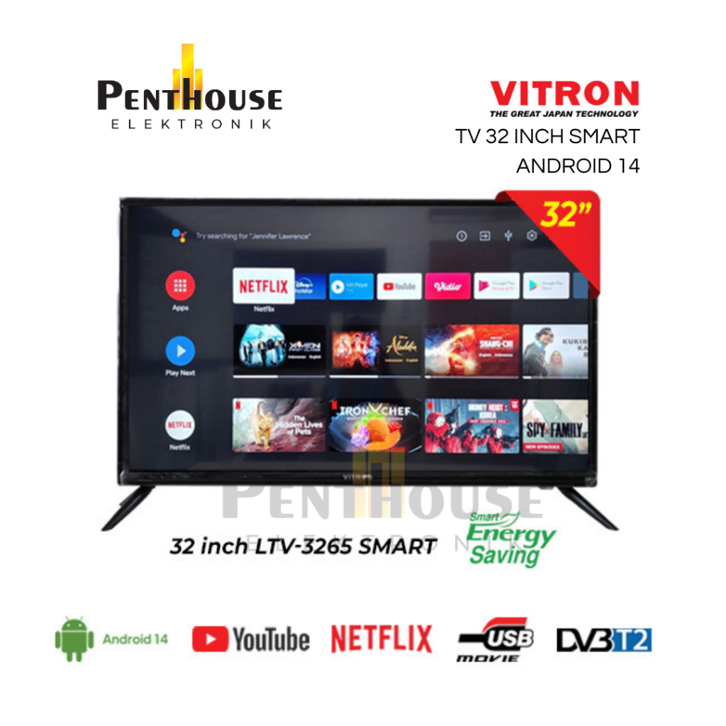 Vitron LED Smart TV 32 Inch LTV 3265 SMART / LTV3265 / LTV-3265 - Youtube, Netflix, Android 14 - USB