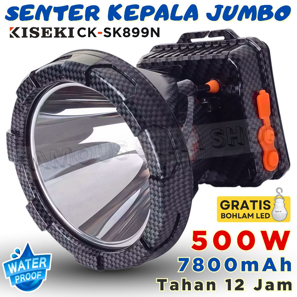 500W Senter Kepala Premium KISEKI CK-SK899N | 7.800mAh Cahaya Putih Tahan 12-24 Jam | Tahan Air