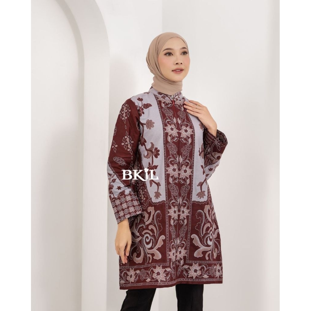 Batik Wanita Modern Kerja Lengan Panjang Motif New Sinaran Series Atasan Tunik Batik Resleting Depan