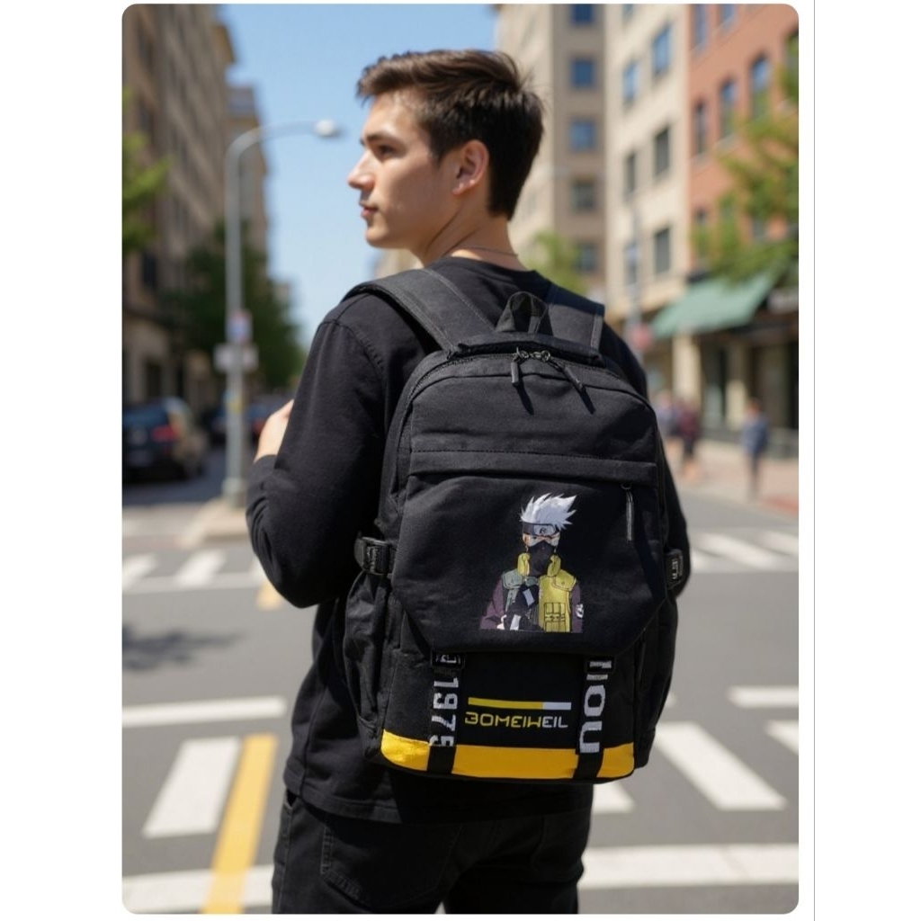 TAS NARUTO IMPORT RANSEL SEKOLAH SD SMP SMA KULIAH ANAK LAKI WARNA HITAM BAHAN NILON WATER PROOF
