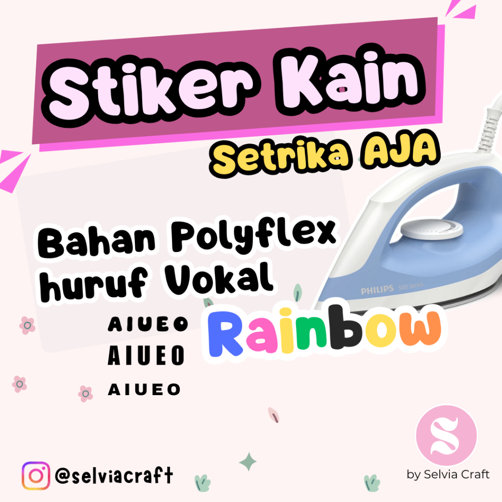 Sablon Huruf Kain Tinggal Setrika huruf VOKAL 150 huruf RAINBOW- Polyflek Premium Sablon Baju, Topi,