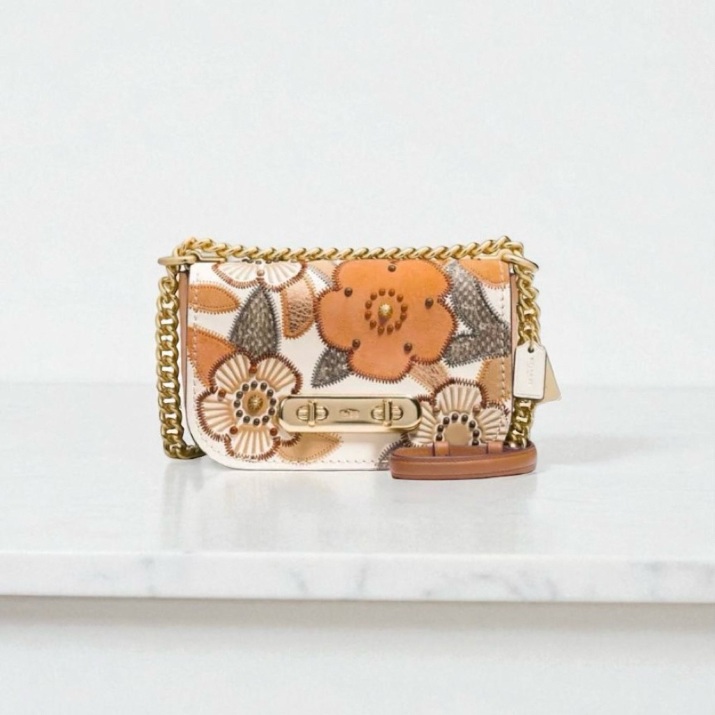 COACH Swagger Shoulder Bag 20 with Patchwork Tea Rose and Snakeskin Detail in Chain mix Leather Cros