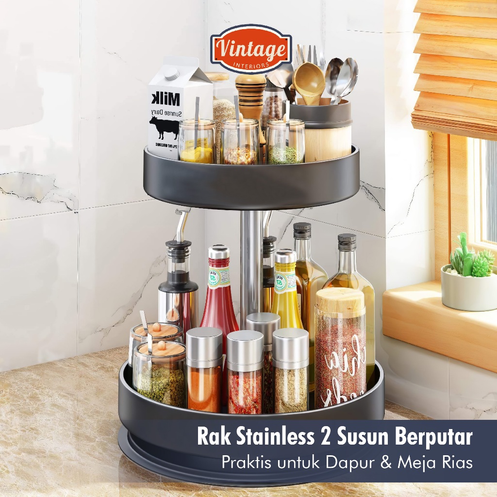 Rak Tempat Bumbu Dapur Putar -  Rak Dapur Putar Serbaguna - Rak Bumbu 2 Susun Kokoh Full Besi - Rak