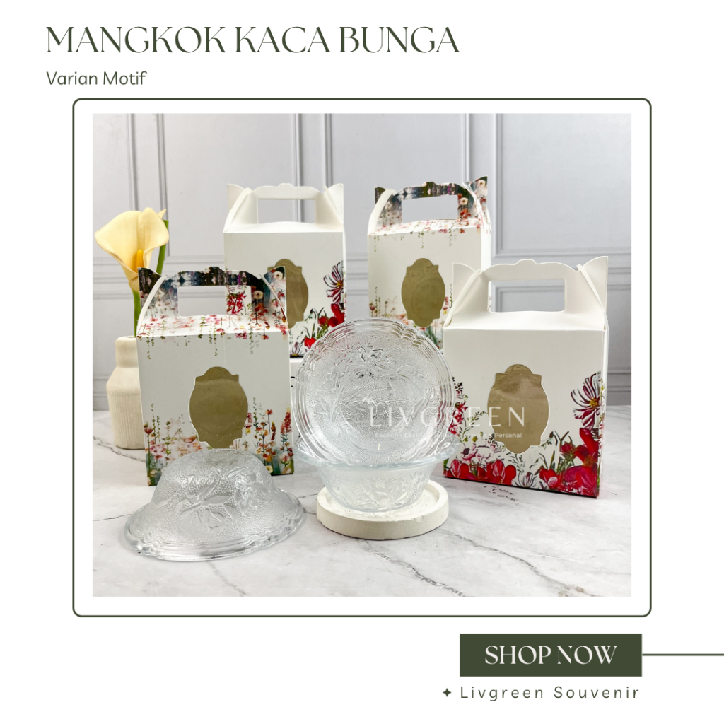 Souvenir Mangkok Kaca Motif Bunga Kemasan Box Flower New