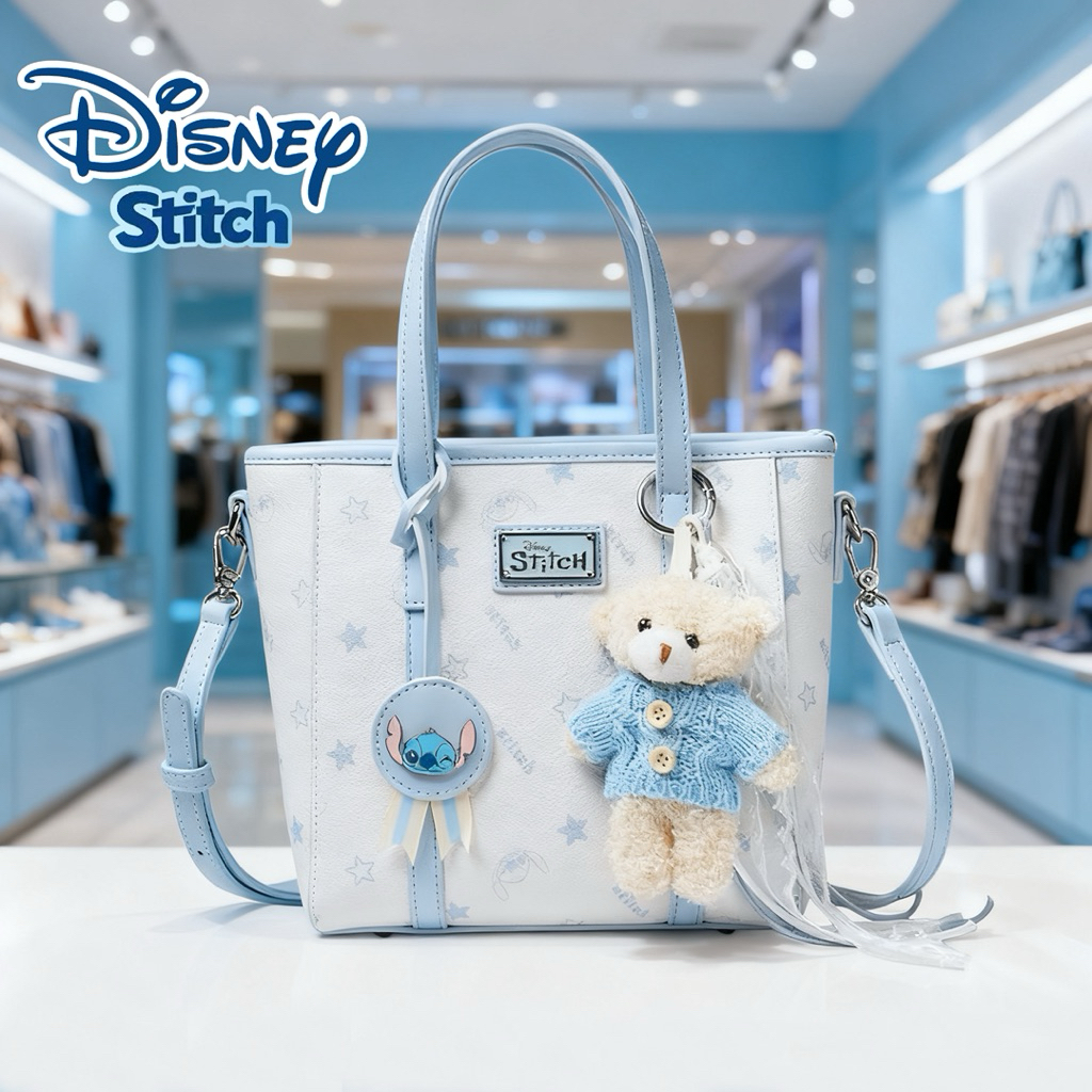 Tas Wanita Disney Stitch Tote Bag + Boneka Beruang Lucu – Tas Selempang & Fashionable Warna Biru Mud