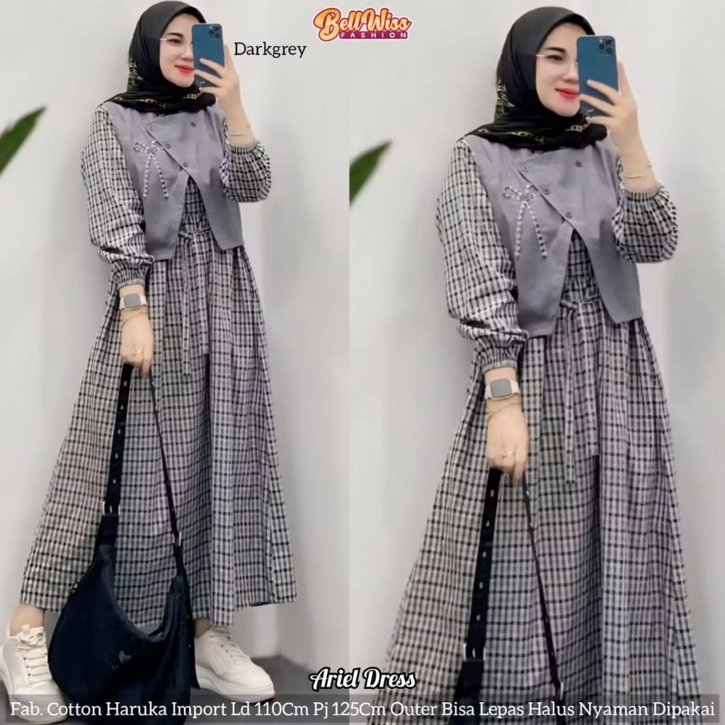 Ariel Dress, Midi Dress Wanita 2 in 1, Midi Dress Wanita Include Vest Midi Dress Kotak Kotak Midi Dr