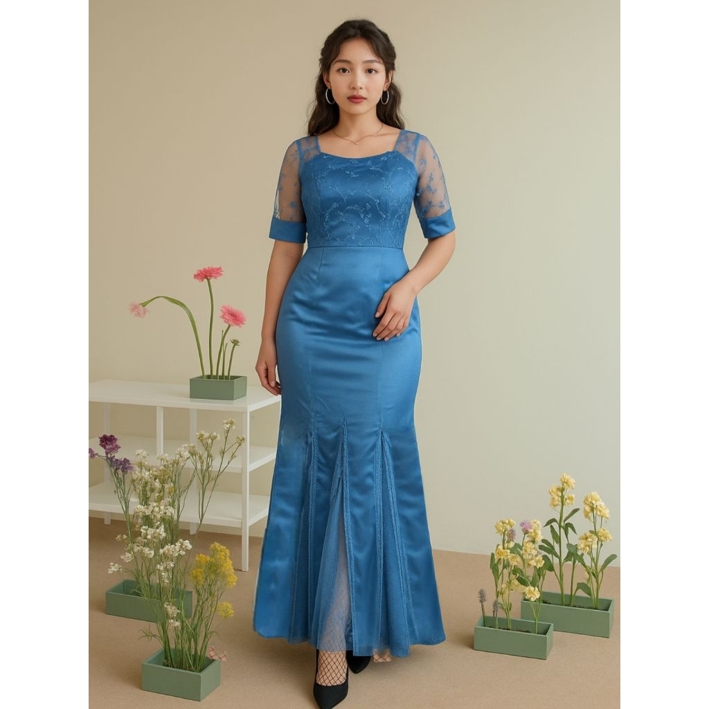 Gaun Pesta Wanita Panjang Mermaid Elegan Mewah Bahan Satin Renda Modern untuk Kondangan & Wisuda Rd