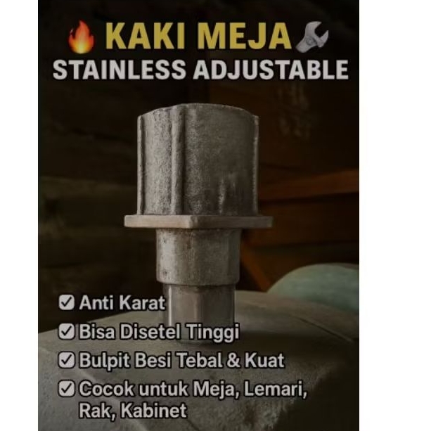 Kaki Meja Stainless Adjustable 40×40 – Bulpit Besi Tebal Anti Karat / Ulir Kaki Lemari / Adjustable 