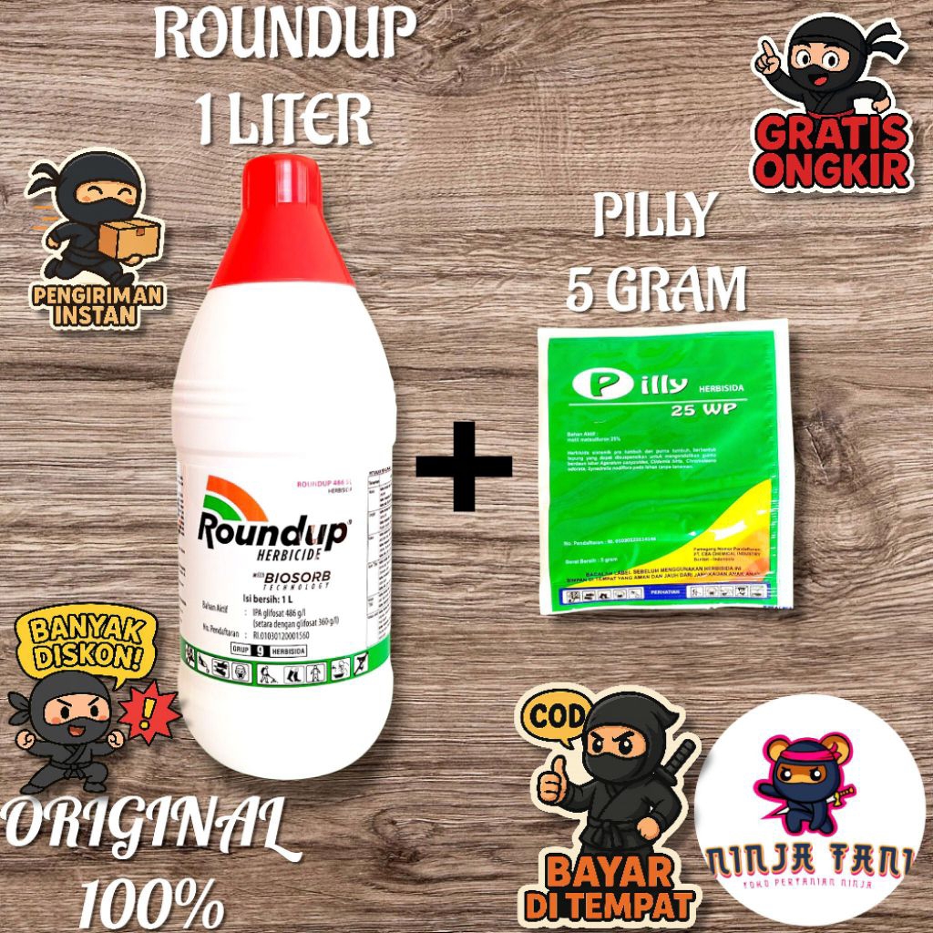 HERBISIDA ROUNDUP 1 LITER + 1 PCS PILLY 5GRAM (PEREKAT/CAMPURAN UNTUK RACUN RUMPUT)