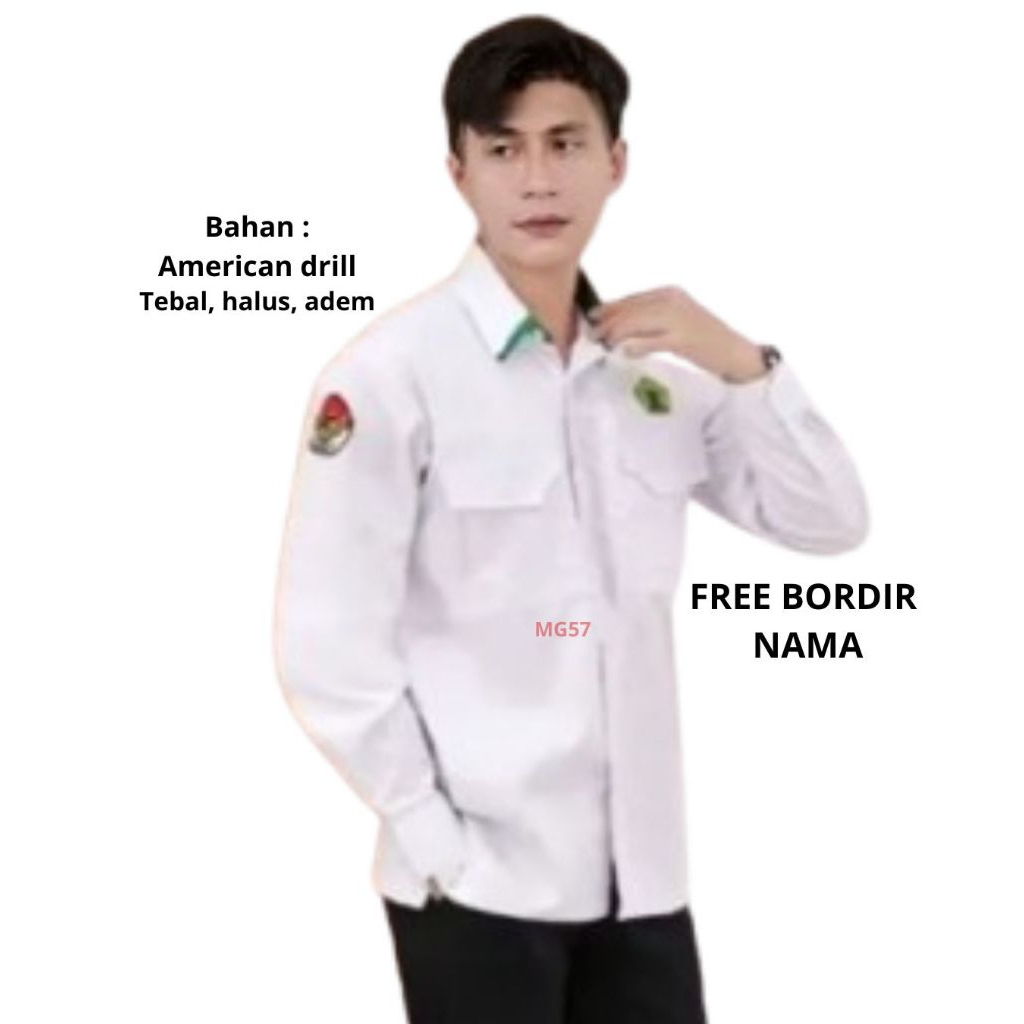 Baju pdh putih pria kemenag list hijau lengan panjang free bordir nama dan logo