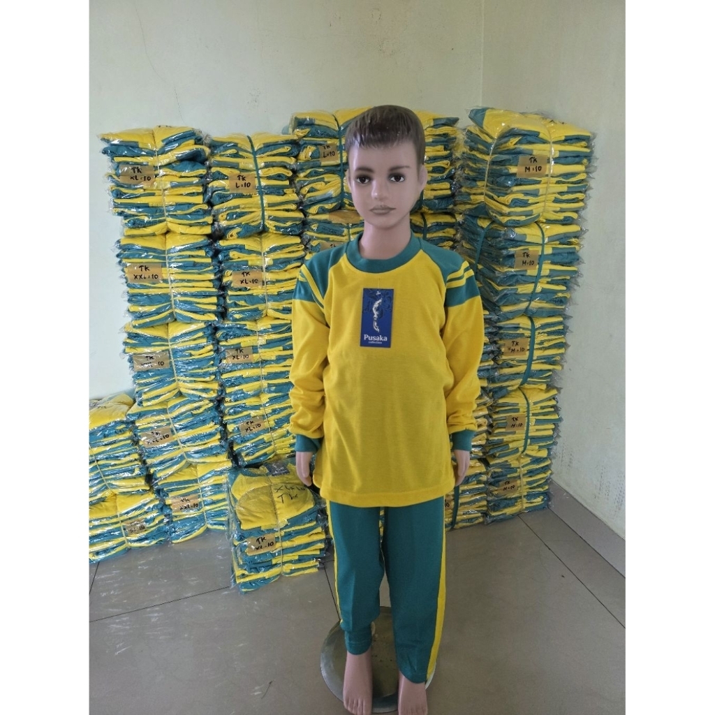 setelan baju olahraga anak tk/Paud warna hijau toska kuning