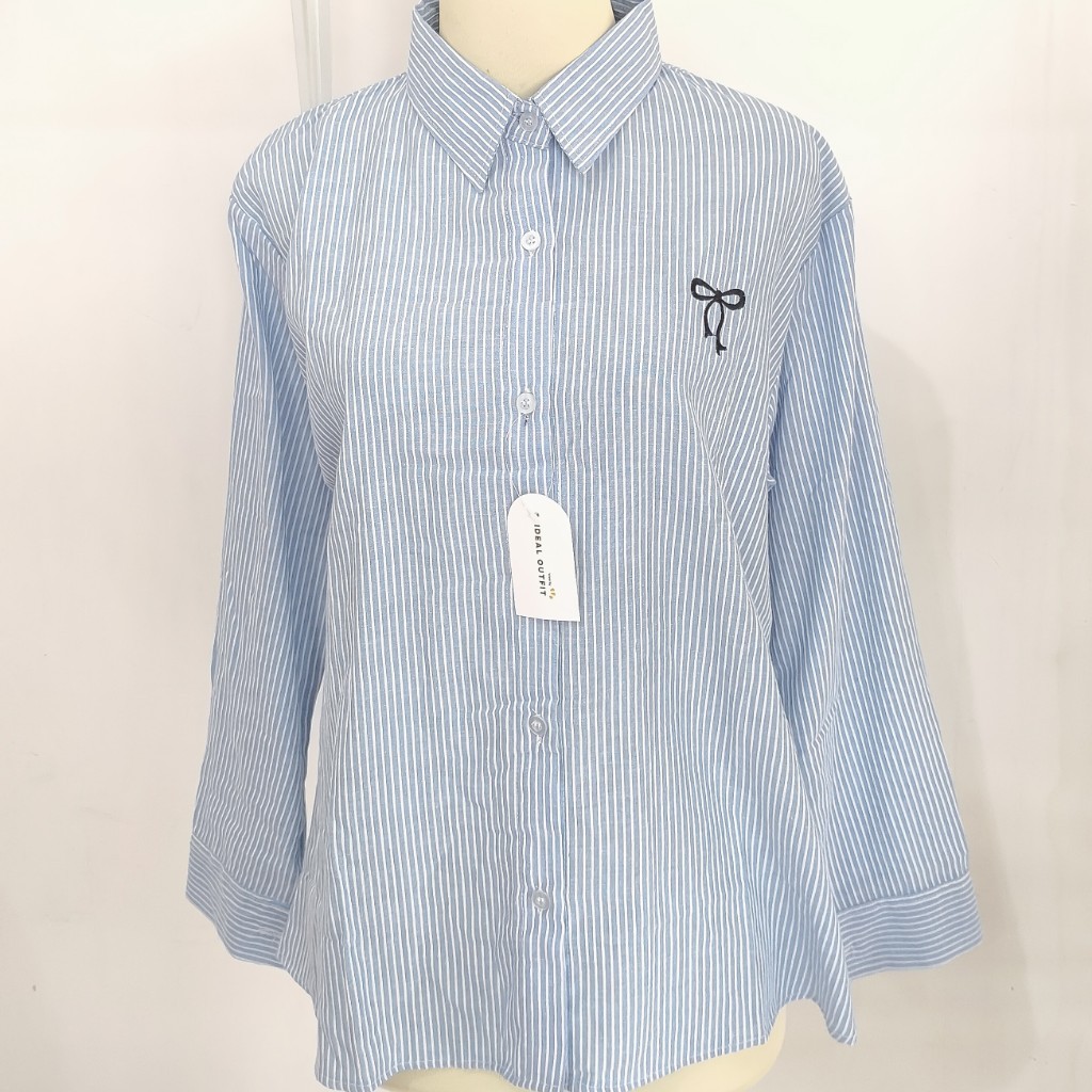 Kemeja katun stripe garis motif bordir/kemeja salur katun/atasan kemeja wanita