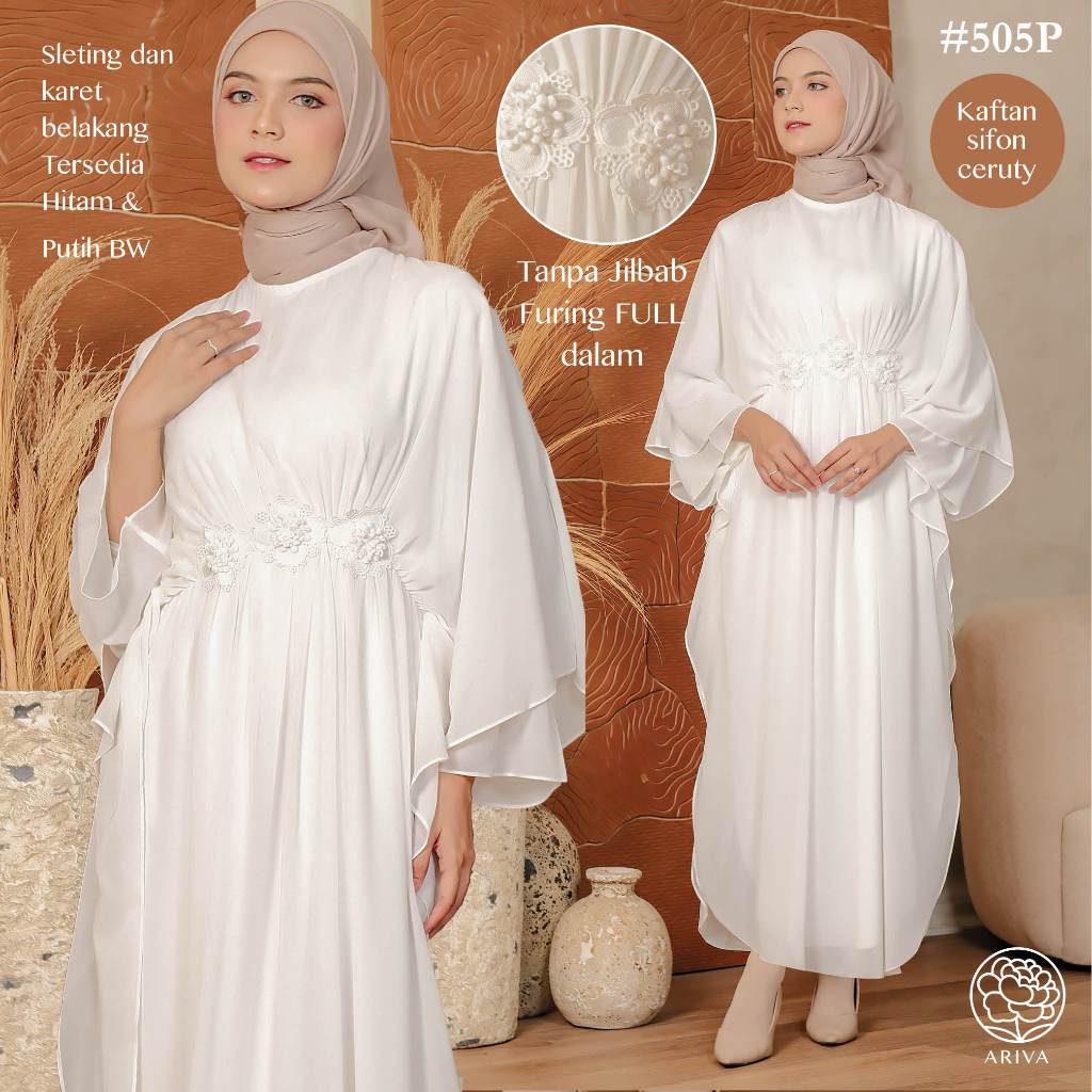 Gamis NAYLA Kaftan Brukat Putih 58 - Gamis Kaftan Muslim Wanita – Gamis Abaya Lebaran Putih / Umroh 
