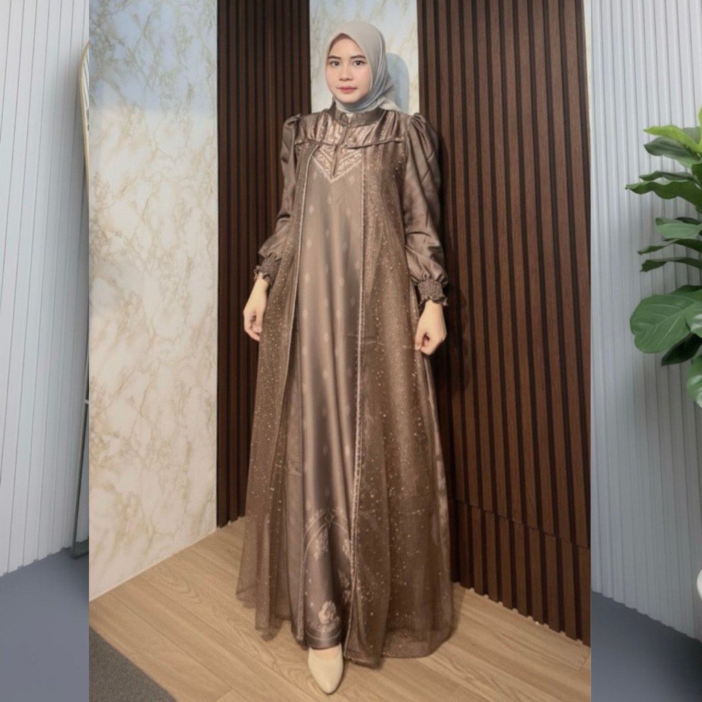 Dress Zayana Silk printing Mix tille Gamis wanita premium