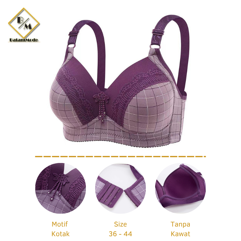 BATAMMODE Bra Jumbo Wanita Ukuran Besar Busa Tipis Tanpa Kawat BH Big Size Motif Kotak Ukuran 40 sd 