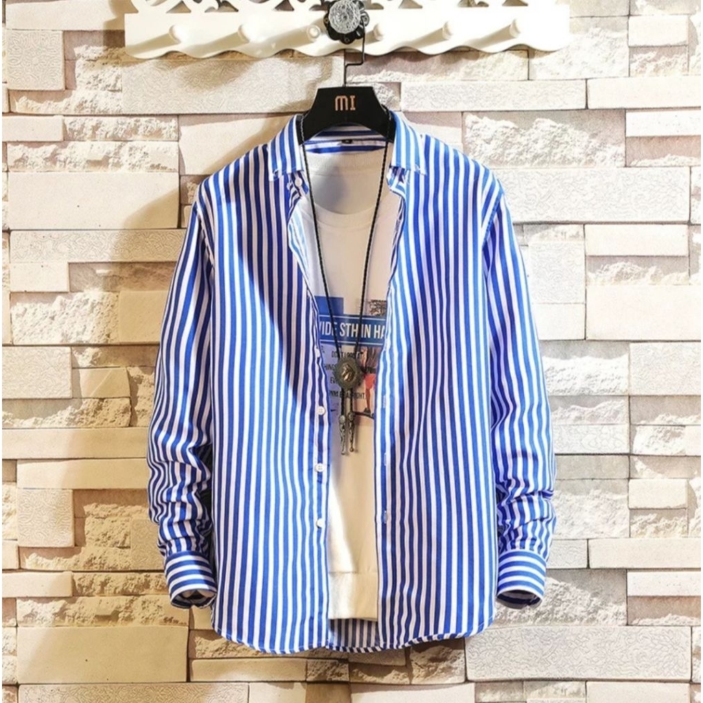 Kemeja Salur Pria Stripe Lengan Panjang Cowok Premium Distro Hem Garis Belang Merah Baju Strip