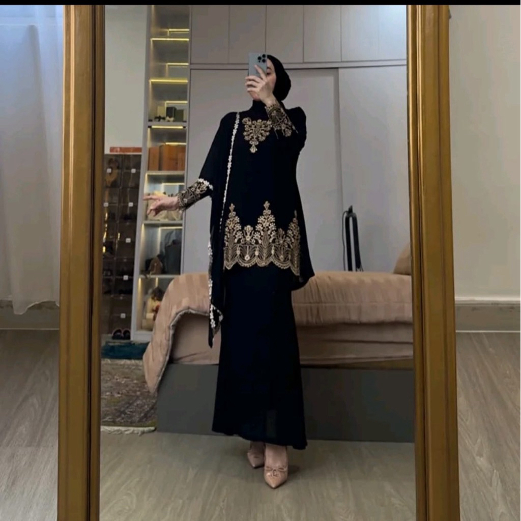 setelan rok ceruty babydol premium bordir/setelan rok gamis malaysia/gamis set rok dan hijab/set rok