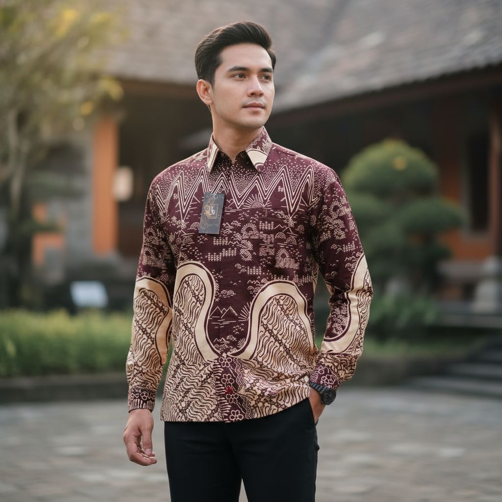 BAJU BATIK LENGAN PANJANG,BAJU BATIK PRIA LENGAN PANJANG,PAKAIAN BATIK MERAH MAROON