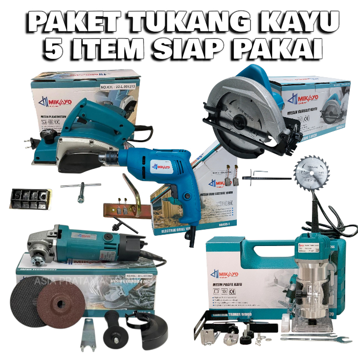 PAKET TUKANG KAYU MESIN SERUT + MESIN CIRCULAR SAW + GRINDA 4 INCHI+ MESIN PROFIL KAYU+ MESIN BOR 10