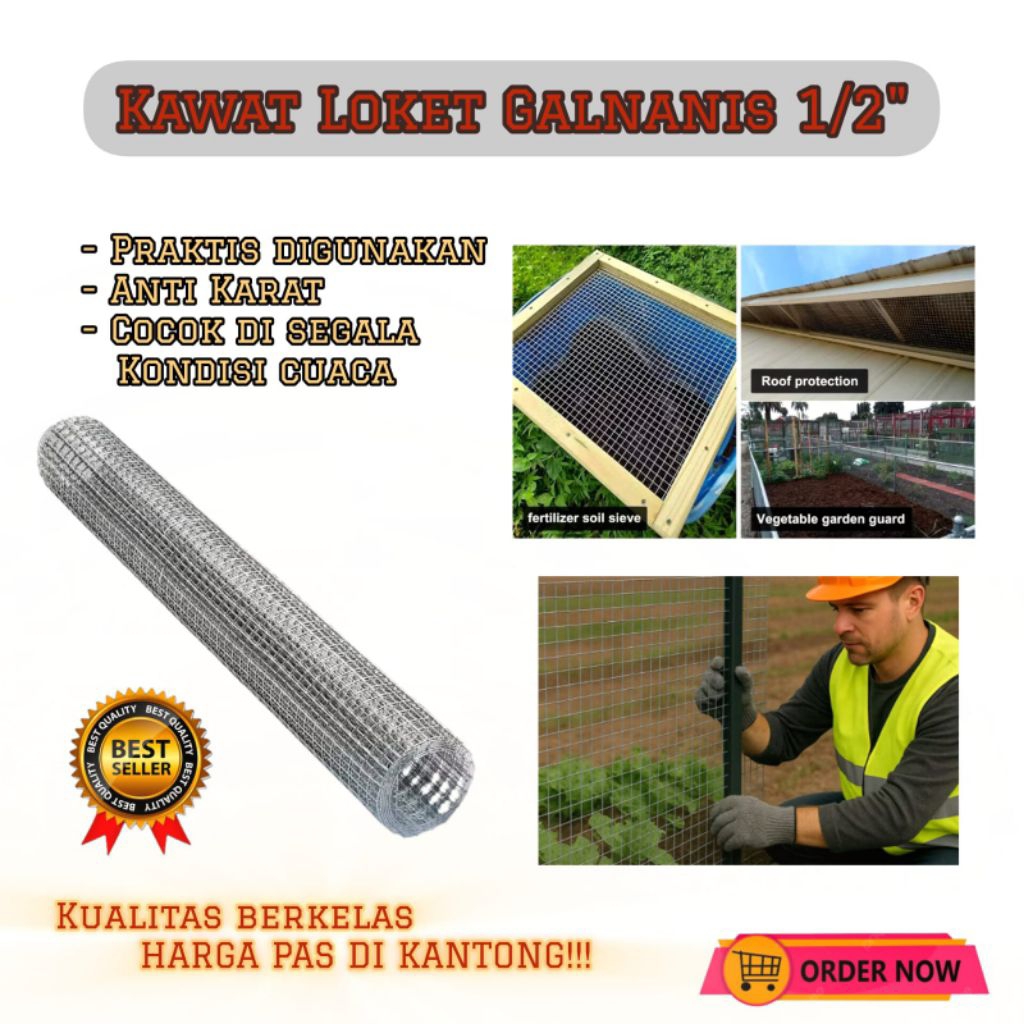 Kawat Loket Galvanis 1/2" Inch Kawat Ram Proyek Bangunan Kawat Putih Silver Per Roll
