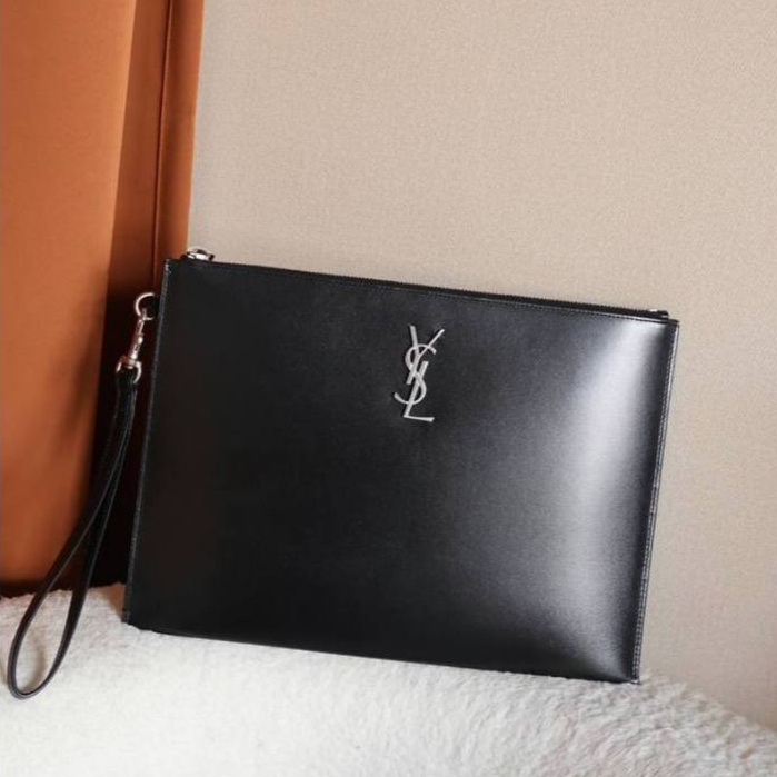 YSL Saint Laurent monogram leather clutch / pouch in black shw
