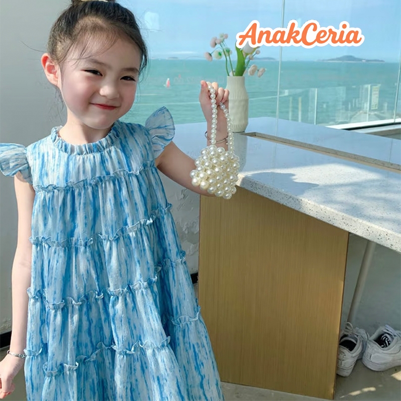 AnakCeria-Gadis baju lengan terbang kecil musim panas rompi baju kue anak-anak gaun besar Sanya bayi