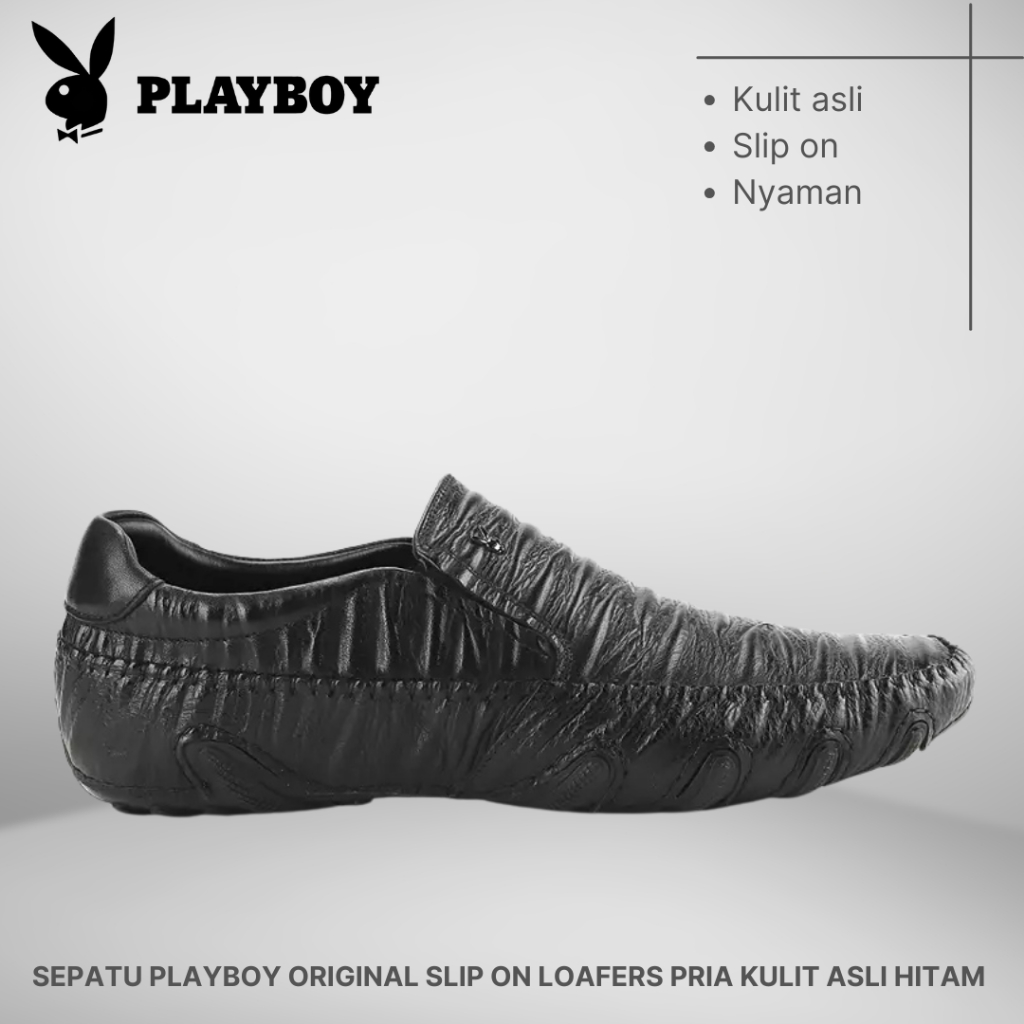 SEPATU PLAYBOY ORIGINAL SLIP ON LOAFERS PRIA KULIT ASLI HITAM PL01