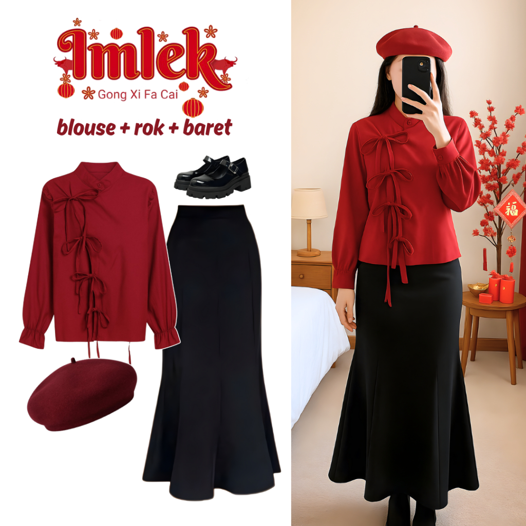 One set 3in1 blouse cheongsam rok duyung baret | ootd outfit Wanita Cewek Perempuan Hangout piknik n