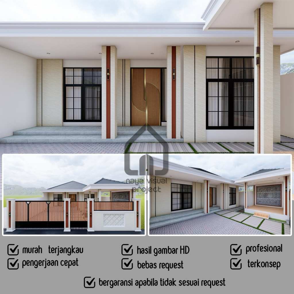 Jasa Desain Rumah Modern Tropis Minimalis 3D Exterior 1 LANTAI