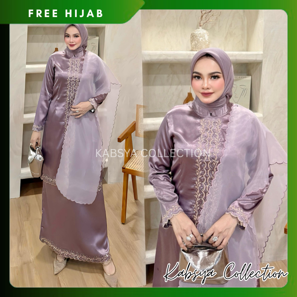COD Segera - Setelan Kebaya Kurung Marina Dan Selendang Organza – Set Baju Kurung Bahan Yokohama Pre