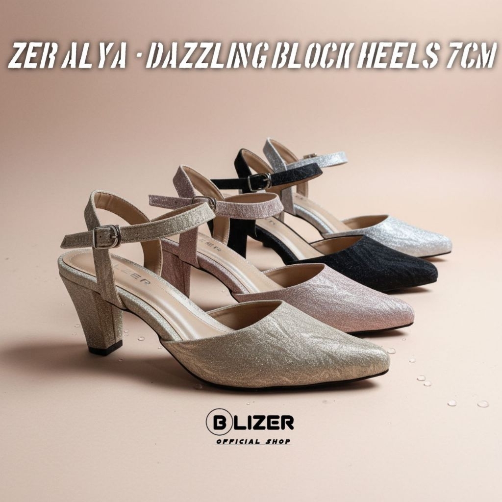 ZER ALYA - Block Heels 7cm Dazzling Elegant Shoes Pesta High Heels Wanita Nyaman