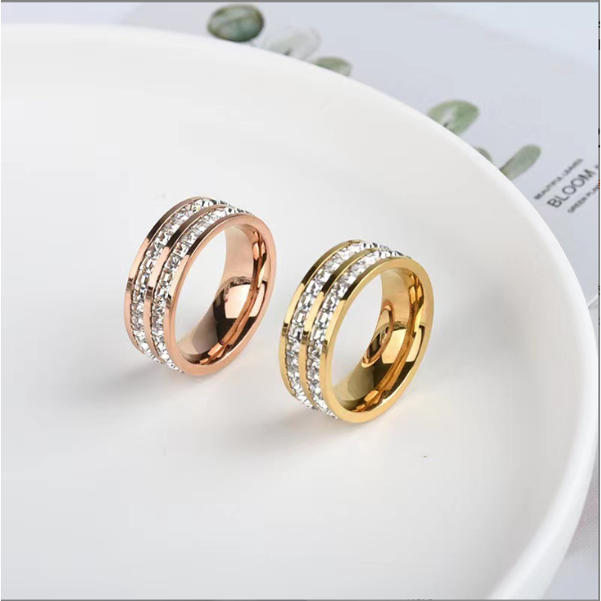 Cincin Titanium Steel Double Row Pave Permata Anti Karat Emas Rose Gold Cincin Kawin Mewah - Cincin 
