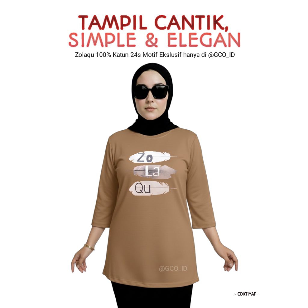 Semitunik Zolaqu Original Wanita Terbaru 2025 Motif Ekslusif | Kaos T-shirt Coklat Tiyap Lengan Panj