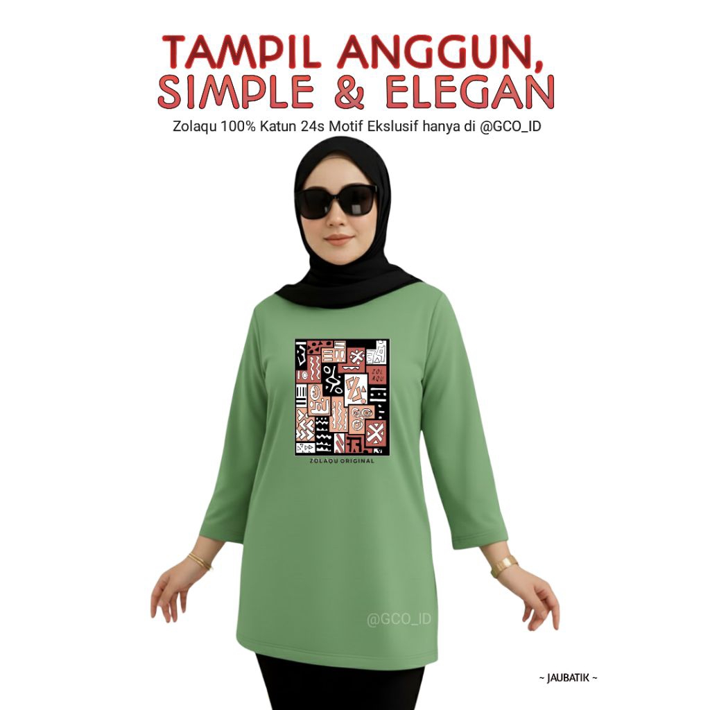 Kaos Semitunik Zolaqu Original Terbaru 2025 Hijau Sage | Oversize ZLQ Tunik Motif Batik Lengan Panja