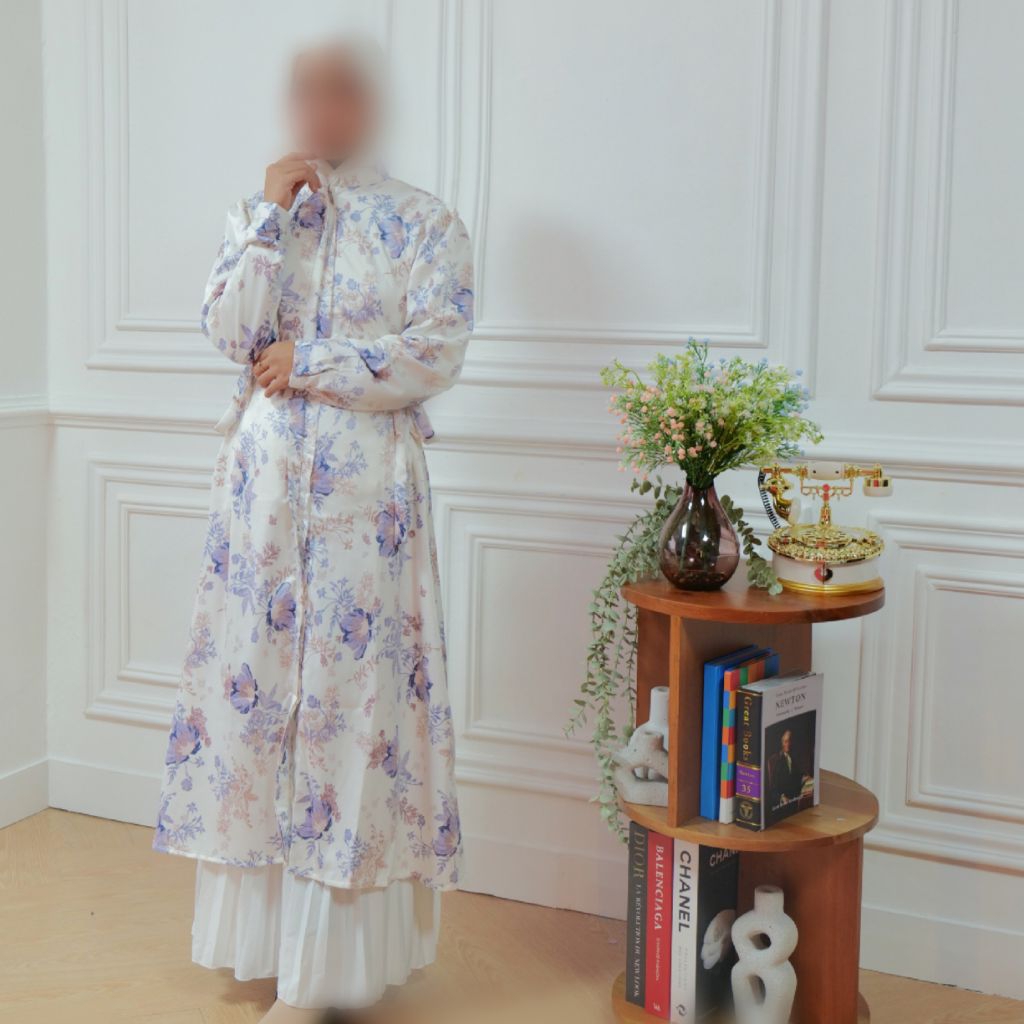 HIKAMA HILYA Series - Long Tunik bahan Satin Silk Premium warna PUTIH motif bunga UNGU, 100% REAL PI