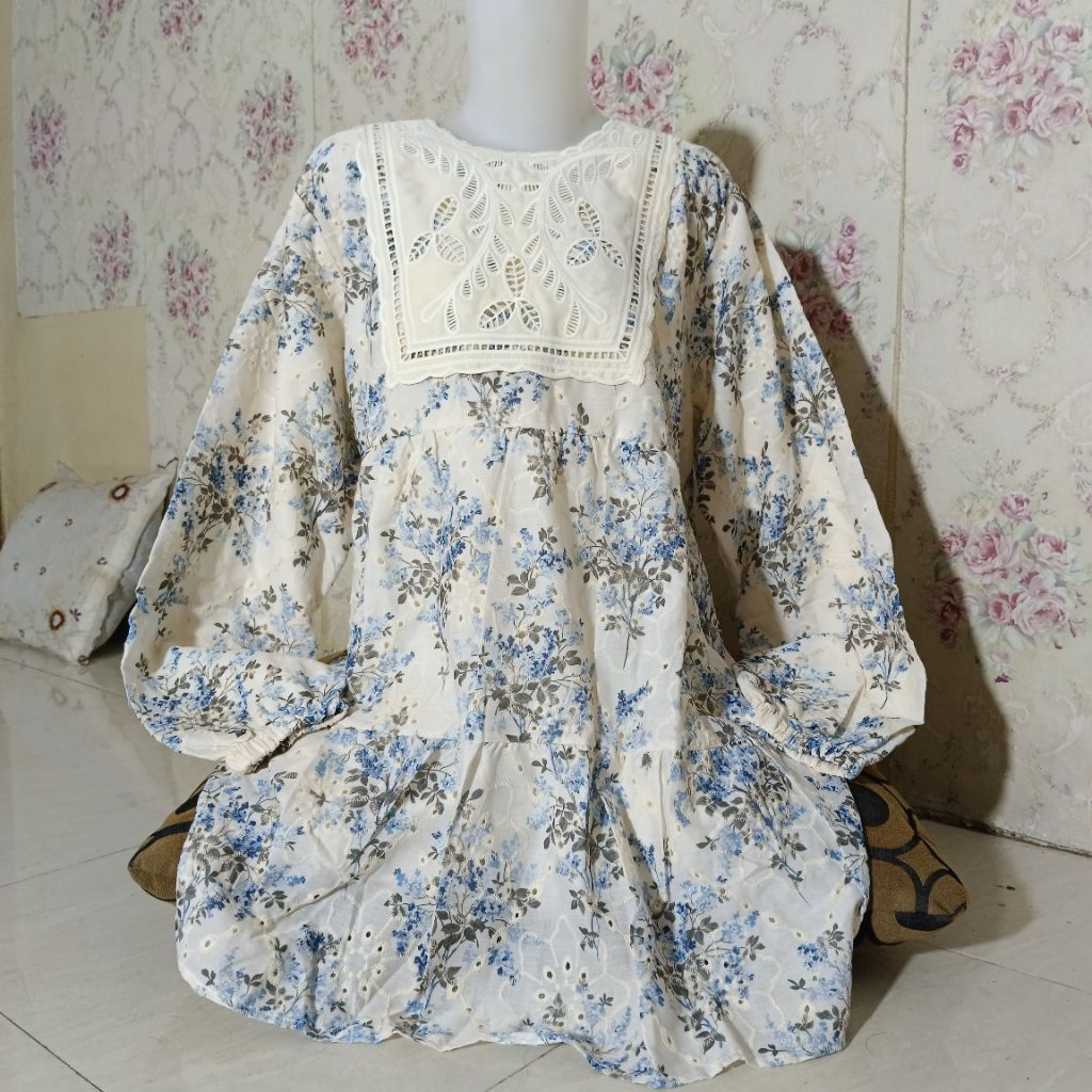 tunik katbol bunga-bunga renda dada high quality