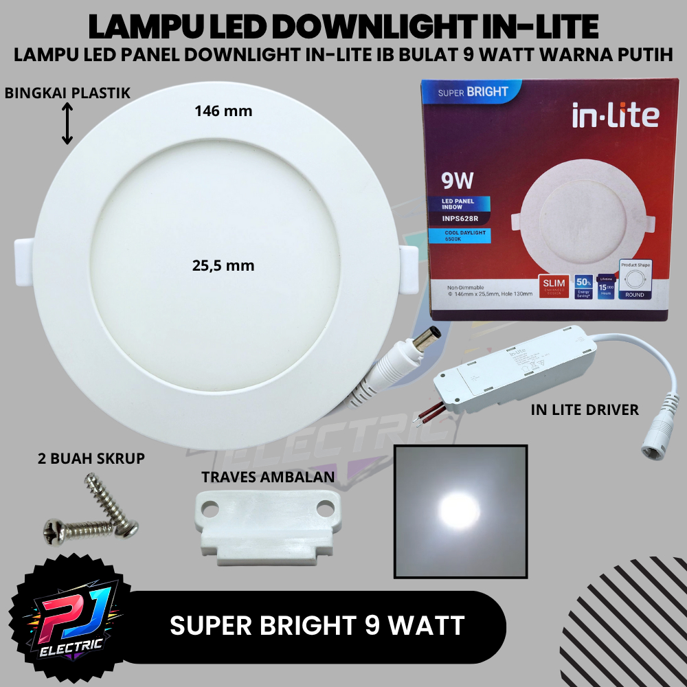 In-Lite LED Panel Inbow Downlight 9W BULAT Cahaya Putih Super Terang SNI 9 WATT In-Lite Lampu LED Pl