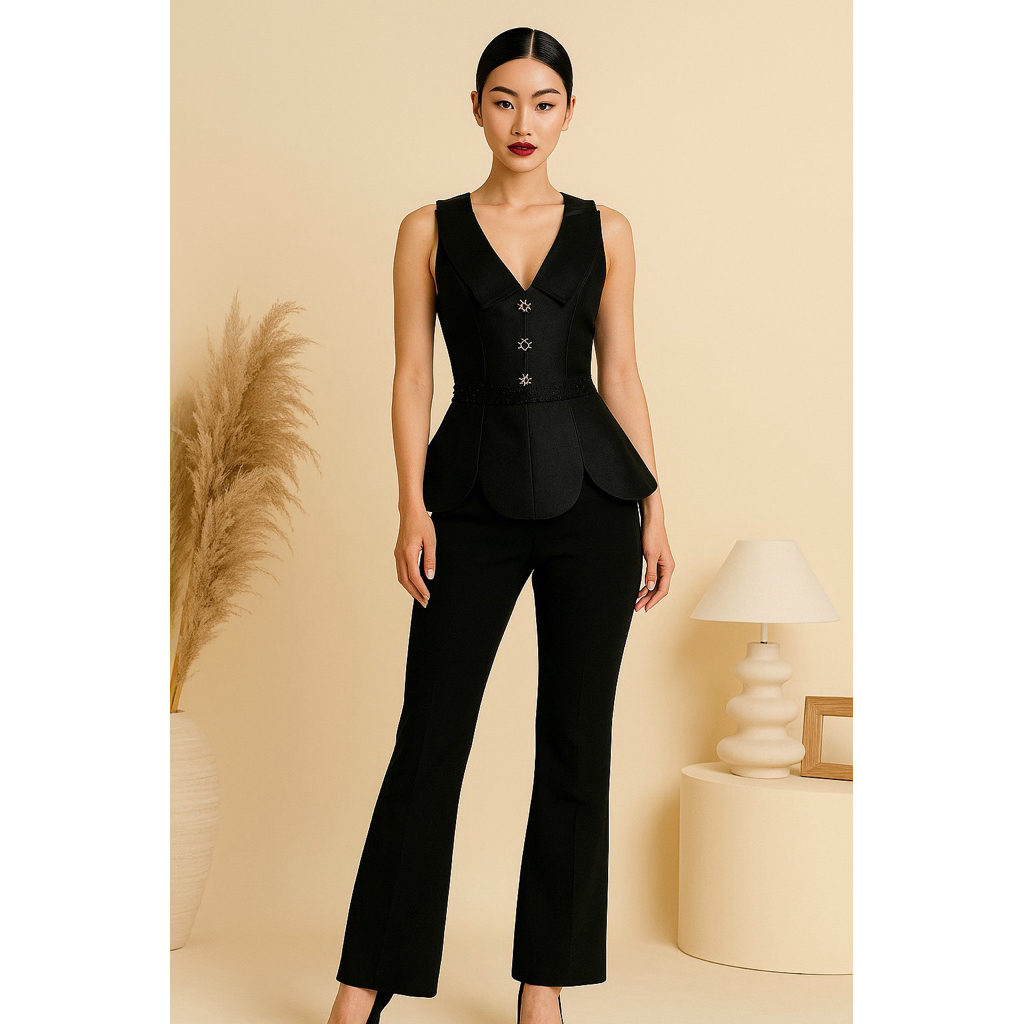 Seraphina Suit | Setelan Wanita Hitam Elegan Blazer Tanpa Lengan dan Celana Panjang