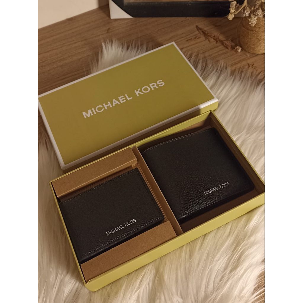 MK Men's Wallet & Card Holder Gift Set Dompet Pria Saffiano Black