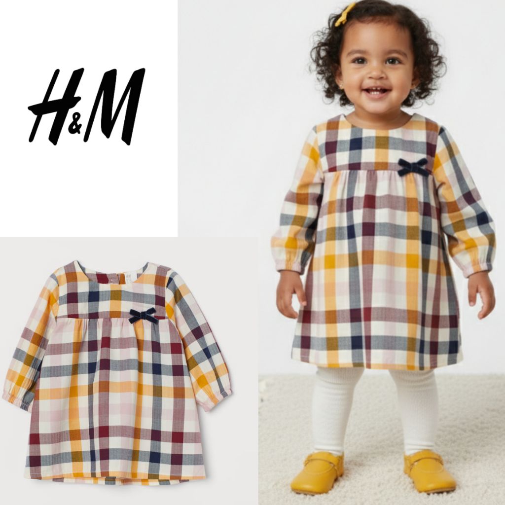 Dress anak perempuan/Tunik Anak (Kotak Kuning 4-6m,6-9m,9-12m,12-18m,1-2y,2-3y)hm cotton new