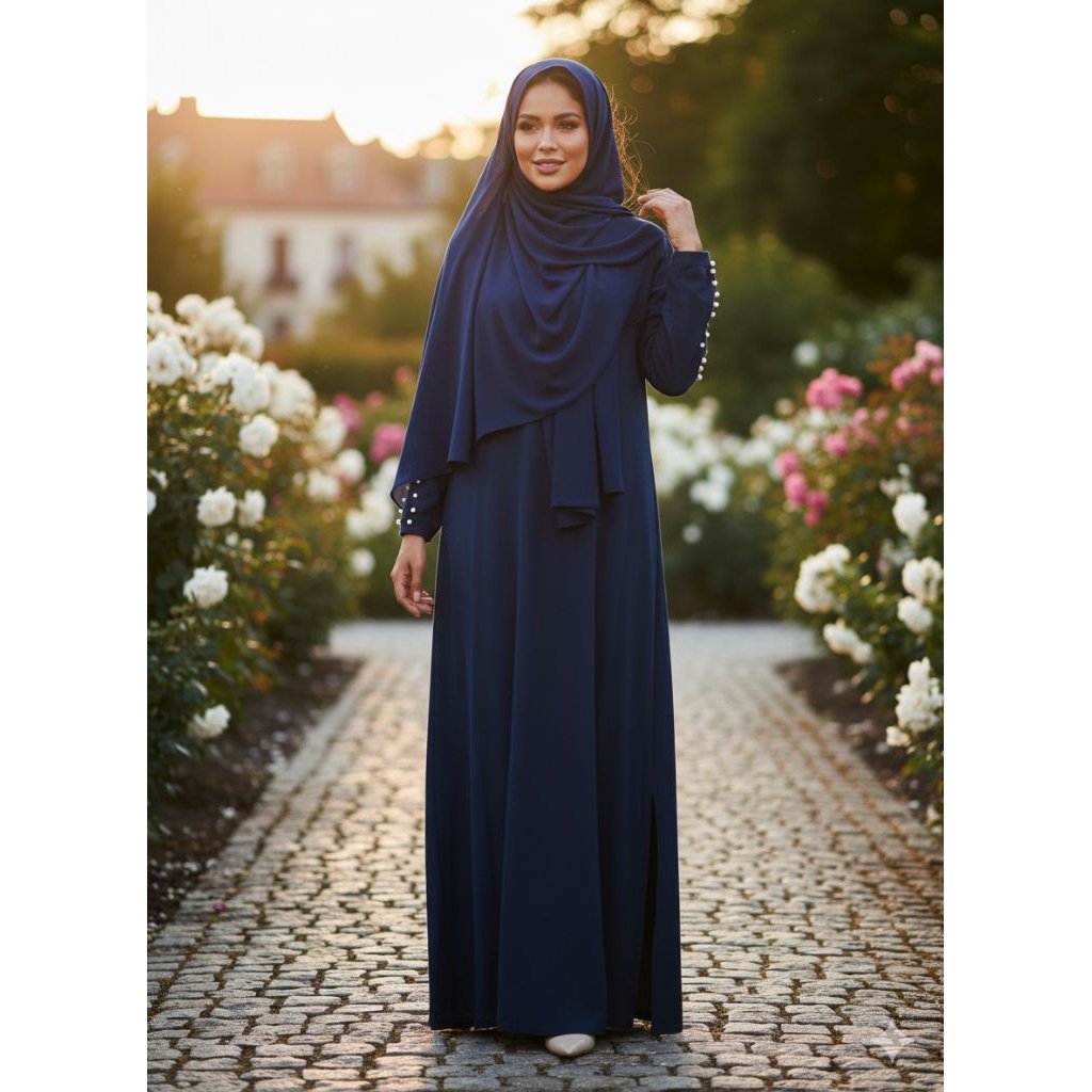 Gamis Polos dengan Payet Mutiara di Leher dan Lengan.