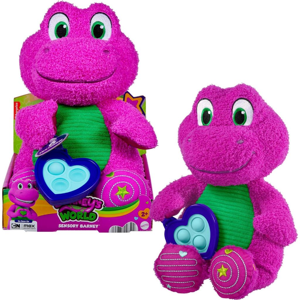Barney World Toddler Toy Sensory 12.75-Inch Plush with Fidget Activity & Textured Details for Kids A