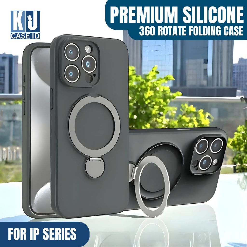 Premium Silicone Case iPhone 12 13 14 15 16 Pro Max Silikon Casing  Ring 360 Rotating Folding Stand