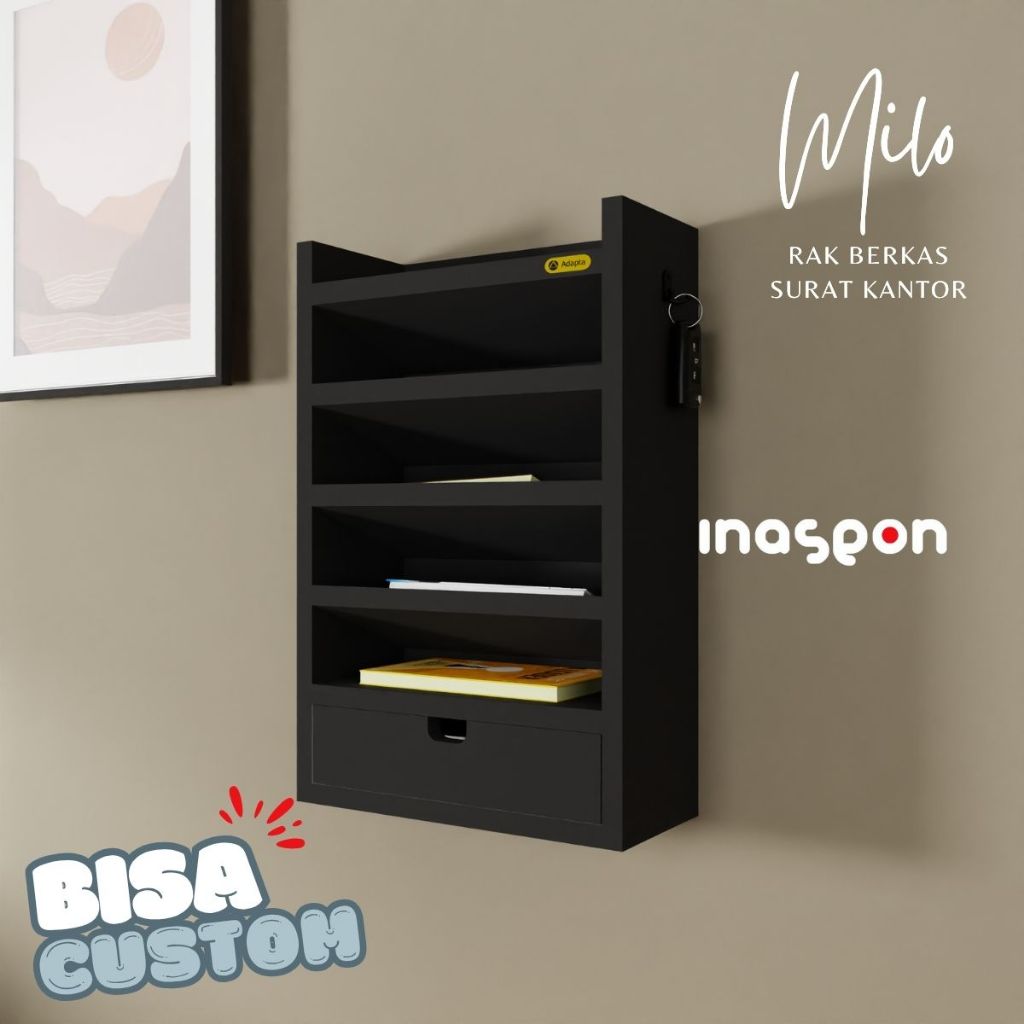 Rak File & Surat Kantor Dinding – Cabinet Bertingkat dengan Laci Penyimpanan & Gantungan Kunci