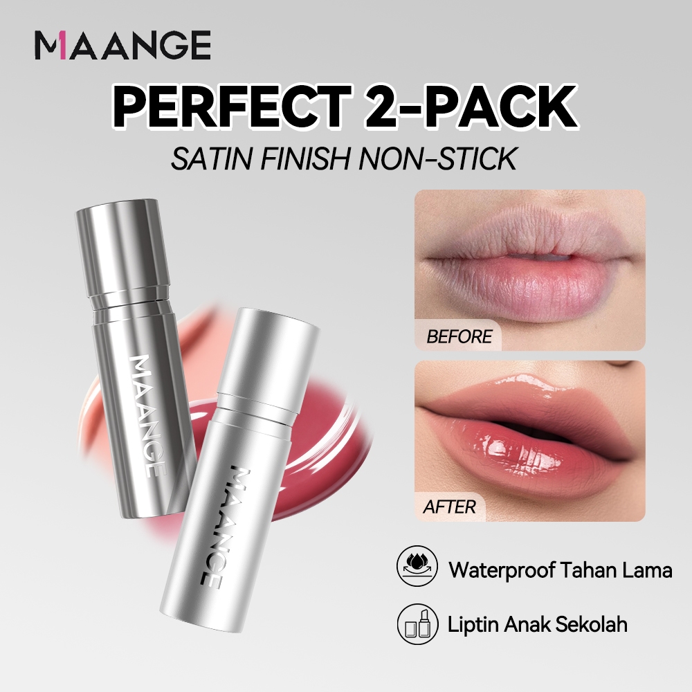 MAANGE 2PcsTransferproof Mirror Satin Lipstick-Glossy Longlasting Waterproof Tahan Lama - Glaze Lip 